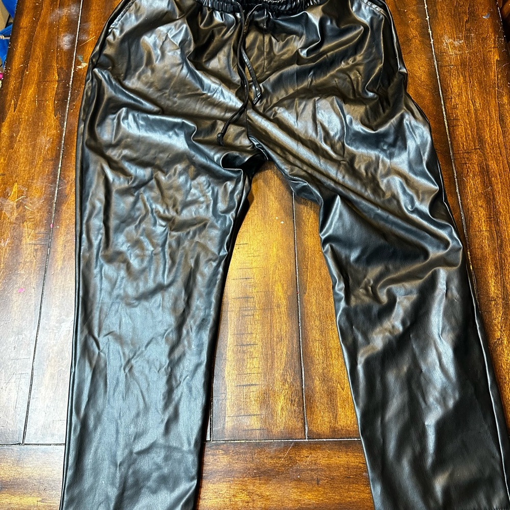 Sleek Black Faux Leather Joggers